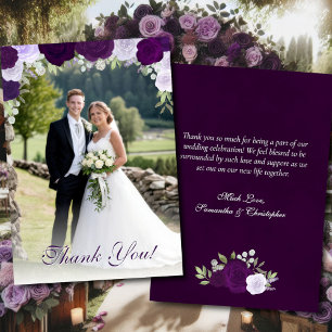 Purple Boho Roses Photo Overlay Elegant Wedding Thank You Card