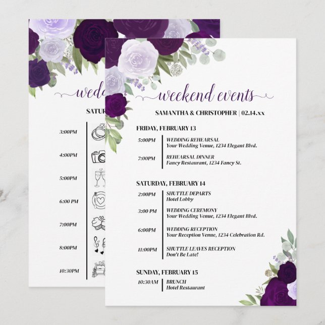 Purple Boho Roses Wedding Events & Timeline Programme (Front/Back)