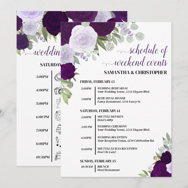 Purple Boho Roses Wedding Events & Timeline Programme (Front/Back)