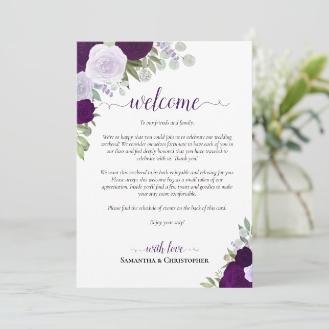 Purple Boho Roses Wedding Welcome & Itinerary Programme (Standing Front)