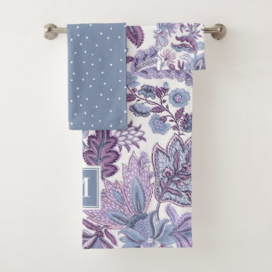 Purple Boho Vintage Floral Monogram Bath Towel Set