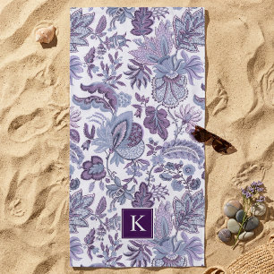 Purple Boho Vintage Floral Monogram Beach Towel