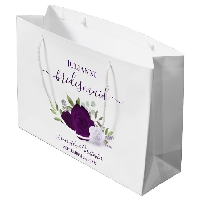 Purple Boho Watercolor Roses Wedding Bridesmaid Large Gift Bag (Back Angled)