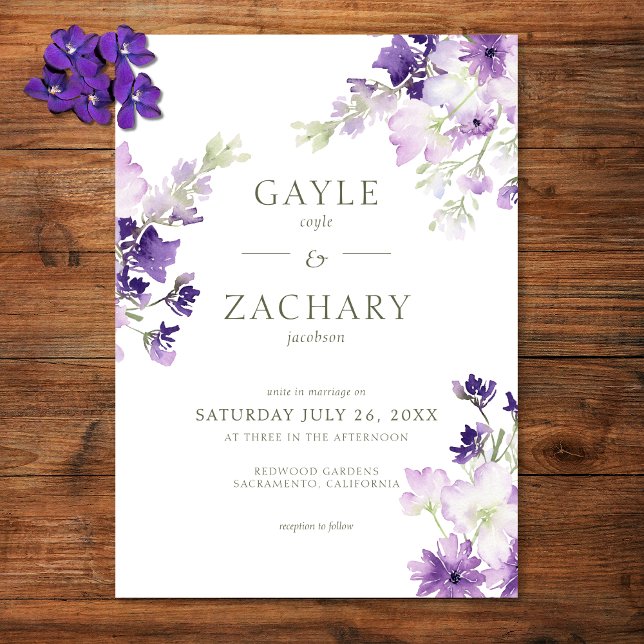 Purple Boho Wildflowers White Wedding Invitation (Creator Uploaded)