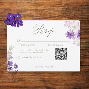 Purple Boho Wildflowers White Wedding QR RSVP Card