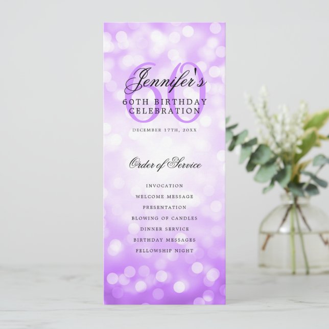 Purple Bokeh 60th Birthday Program w/ Menu Invitation (Standing Front)