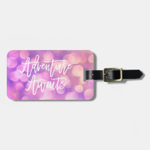 Purple Bokeh and Typography   Adventure Awaits Luggage Tag