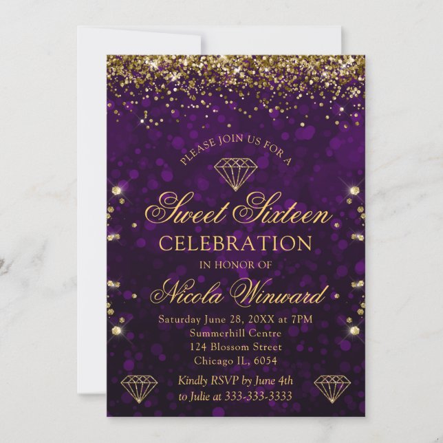 Purple Bokeh & Gold Glitter Sweet 16 Invitation (Front)