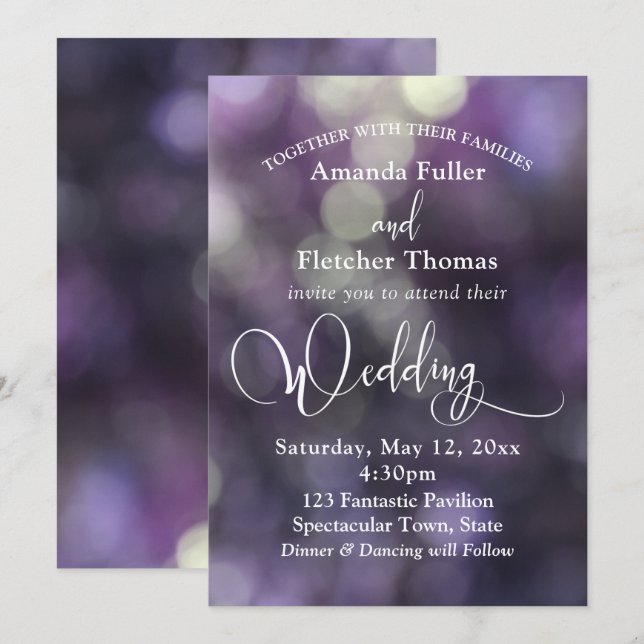 Purple Bokeh Light & Typography 32 Wedding 3 Invitation (Front/Back)