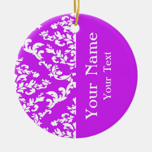 Purple Bold Damask w/ name at Emporiomoffa Ceramic Tree Decoration (Front)