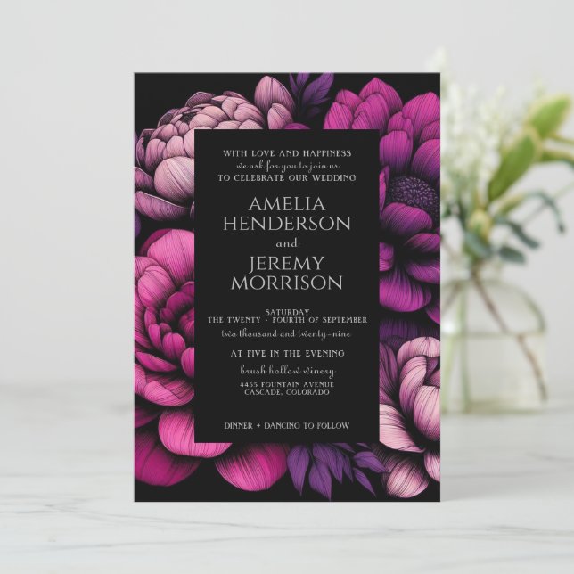 Purple Bold Floral with QR Code Invitation (Standing Front)