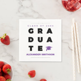 Purple Bold GRADUATE Letters and Cap Graduation Napkin