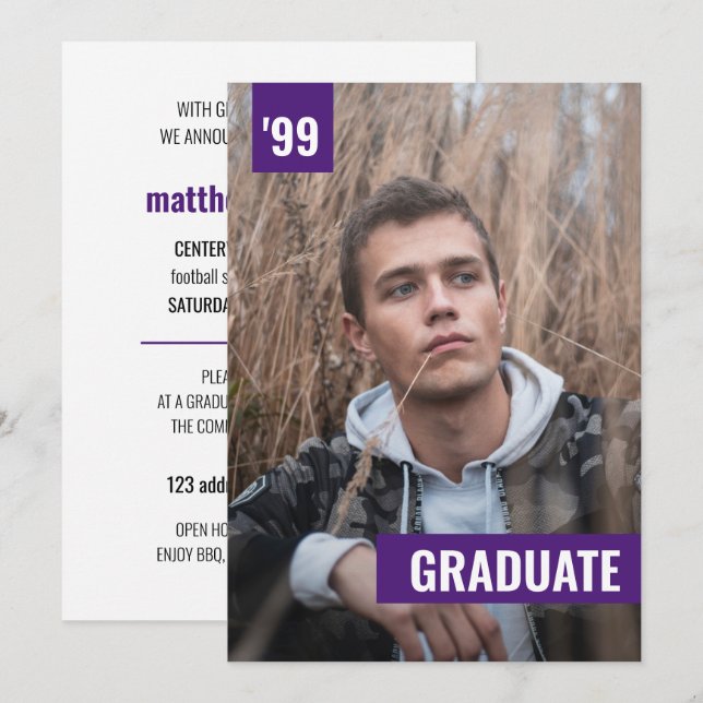 Purple Bold & Modern Photo Graduation Invitation (Front/Back)