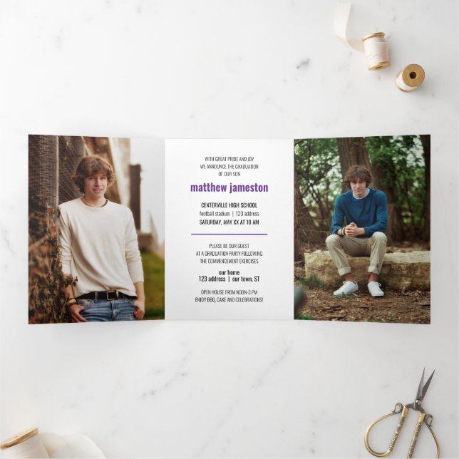 Purple Bold & Modern Photo Graduation Tri-Fold Invitation (Inside)
