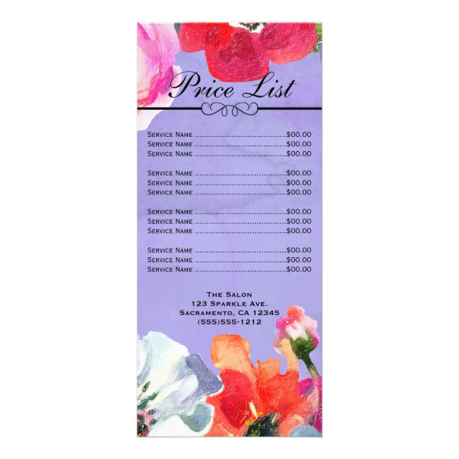 Purple Bold Painted Floral Pop Beauty Salon Price Rack Card (Front)