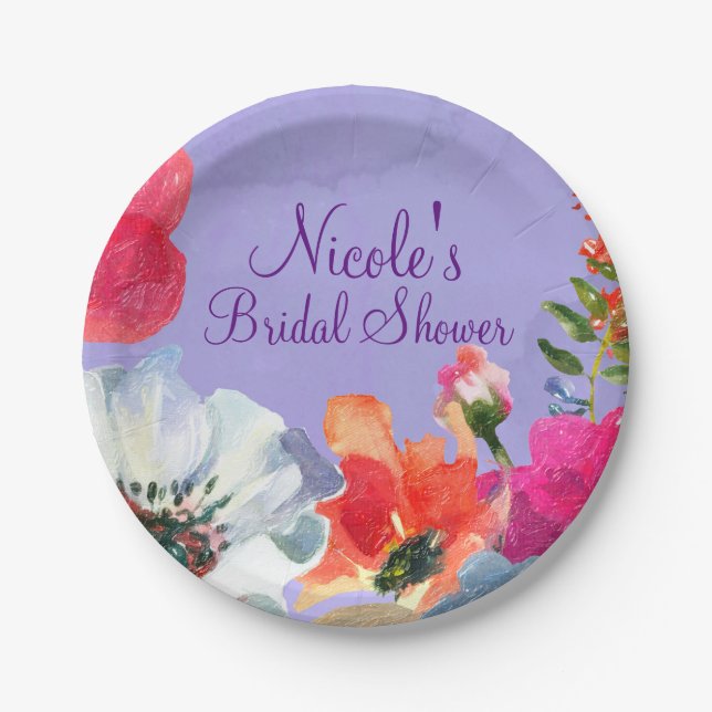 Purple Bold Painted Floral Pop Chic Bridal Shower Paper Plate (Front)
