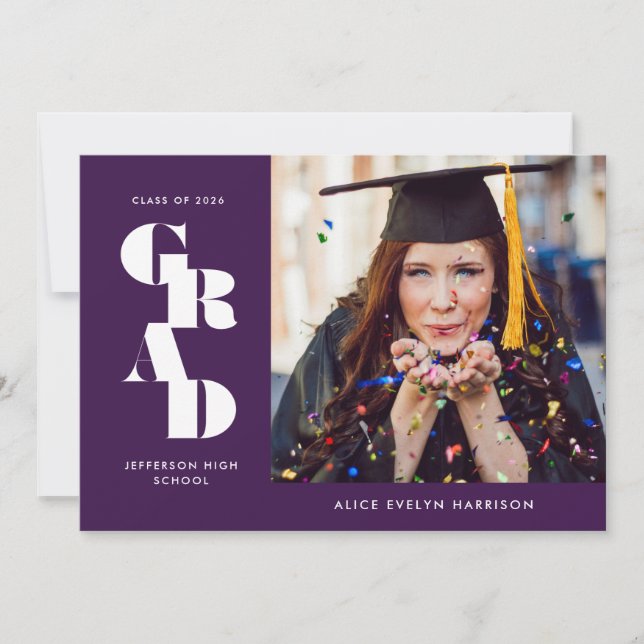 Purple Bold Serif Single Photo Graduation Announcement (Front)