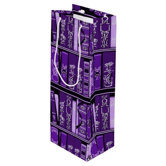 Purple Book Shelves Vintage Books Wine Gift Bag (Front Angled)