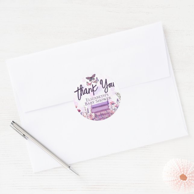 Purple Book Stack Wildflowers Butterflies Script Classic Round Sticker (Envelope)