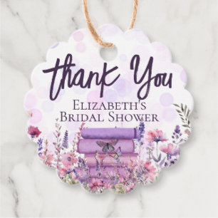Purple Book Stack Wildflowers Butterflies Script Favour Tags