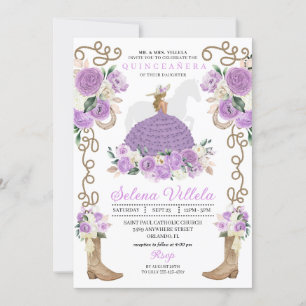 Purple Boots Roses Western Quinceañera Invitation
