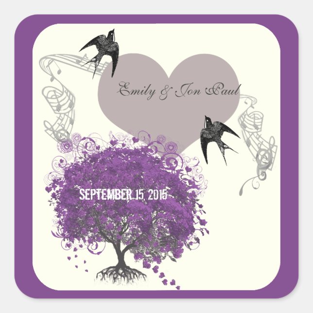 Purple Borders Mink Heart Leaf Tree Weddings Square Sticker (Front)