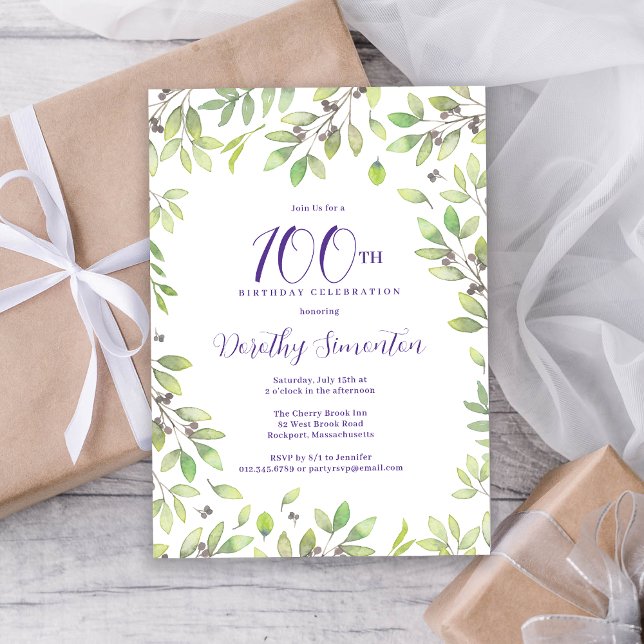 Purple Botanical 100th Birthday Party Invitation (Creator Uploaded)