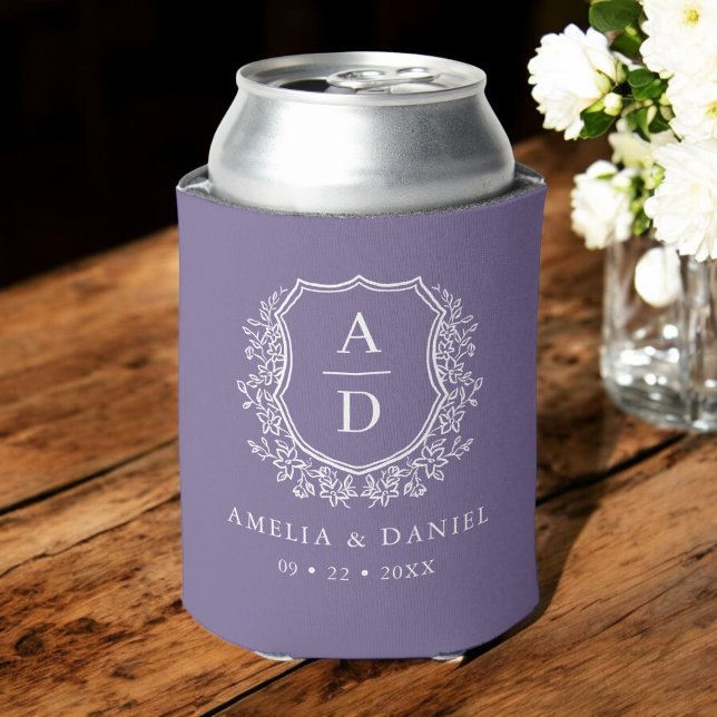 Purple Botanical Crest Modern Monogram Wedding  Can Cooler (Creator Uploaded)