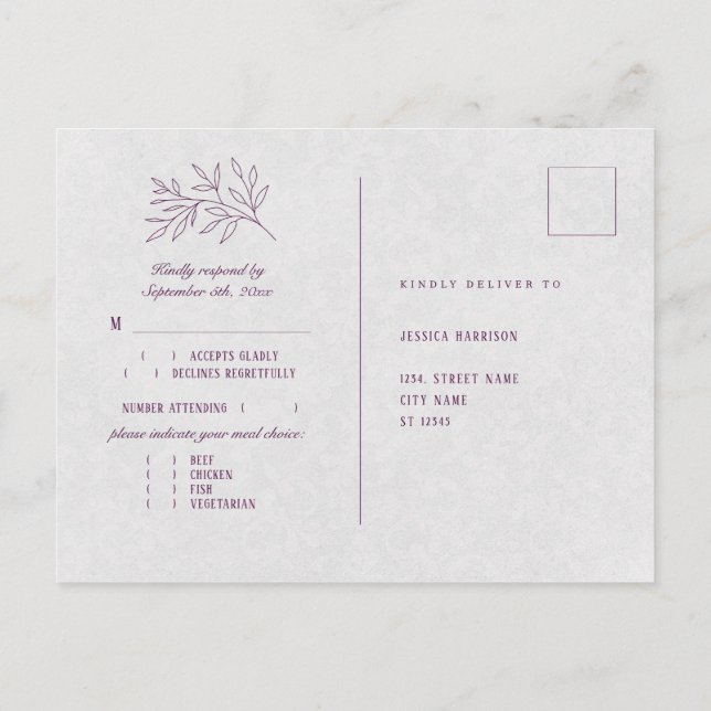Purple Botanical Elegant Wedding Meal Choice RSVP Postcard (Back)