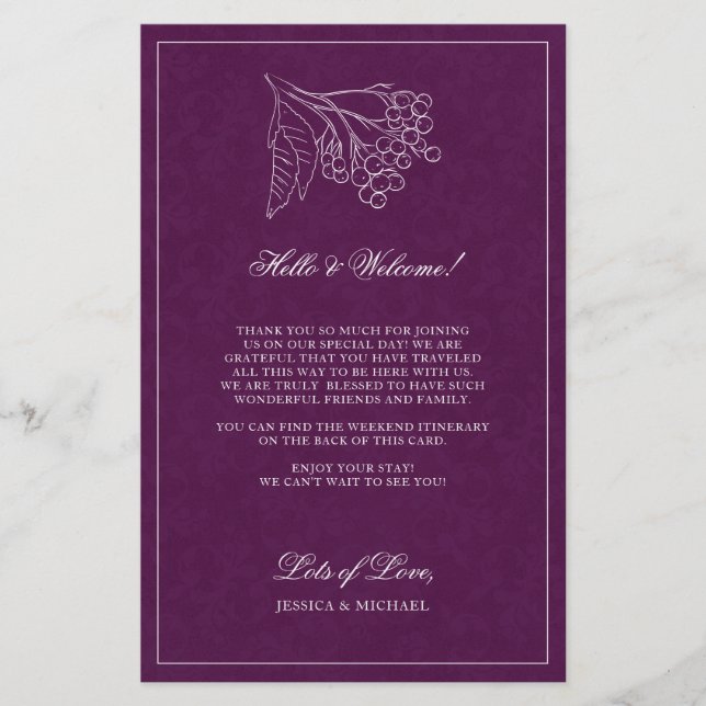Purple Botanical Elegant Wedding Welcome Itinerary (Front)