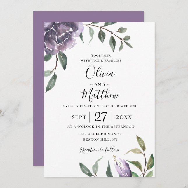 Purple Botanical Floral Wedding Invitation (Front/Back)