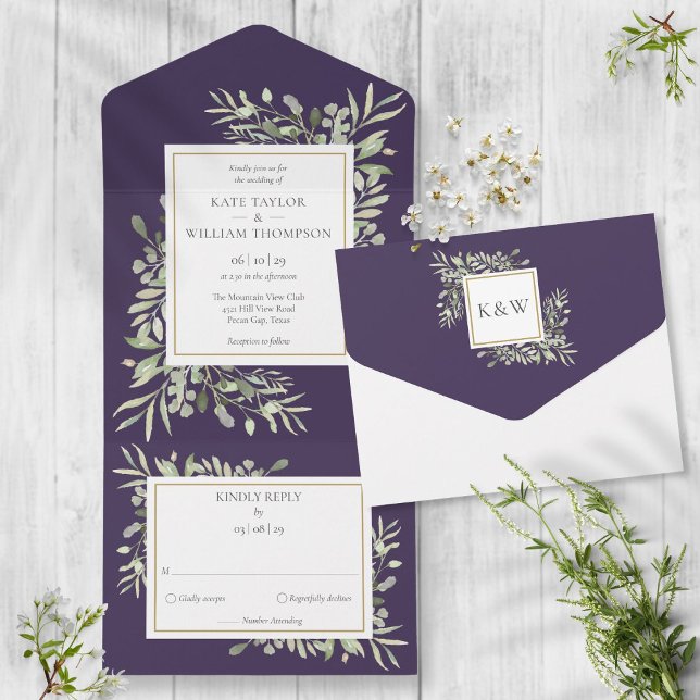 Purple Botanical Greenery Leaves Wedding All In One Invitation (Creator Uploaded)