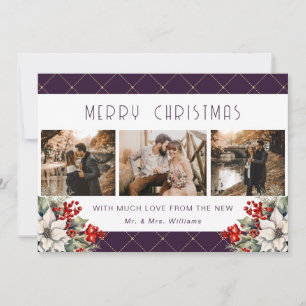 Purple Botanical Merry Christmas Newlywed 3 Photo Holiday Card