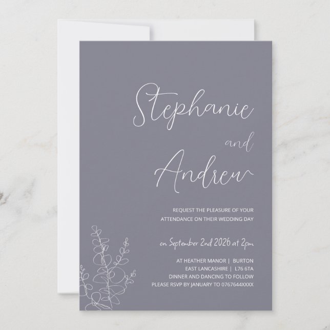 Purple Botanical minimalist wedding invitations (Front)