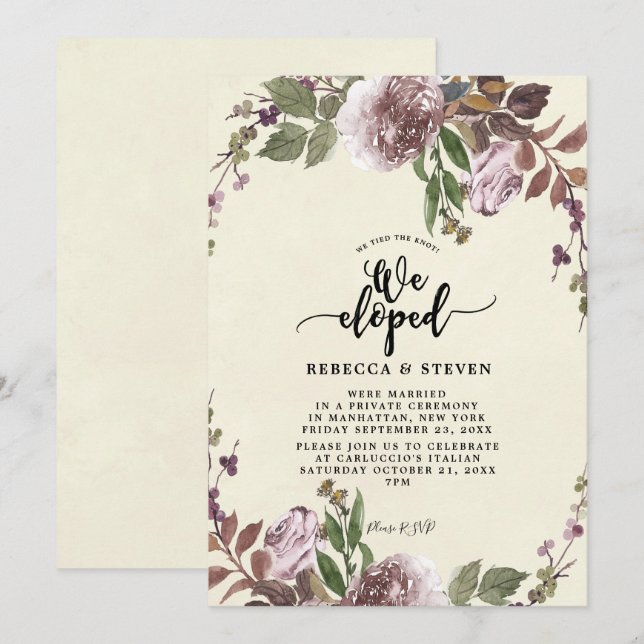 purple botanical modern we eloped invitation (Front/Back)