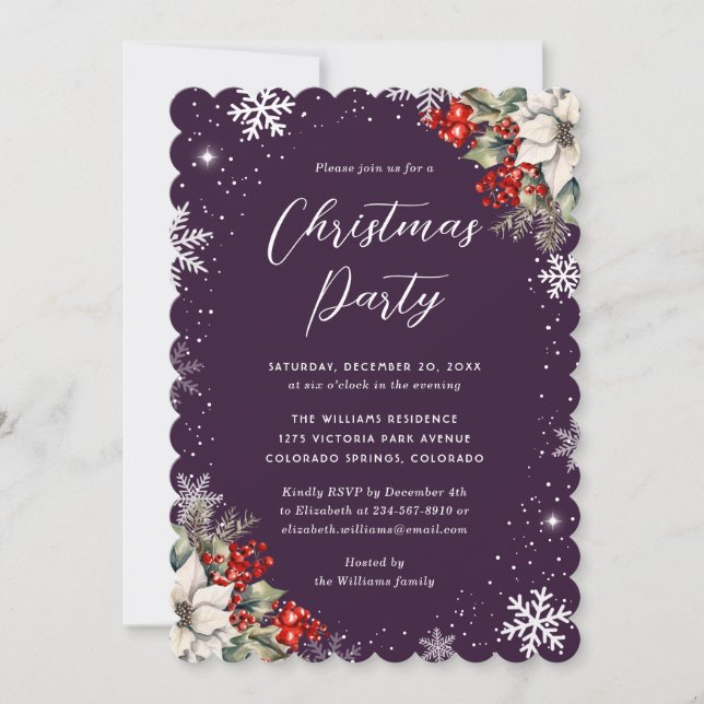 Purple Botanical Snowflake Christmas Party Invitation (Front)