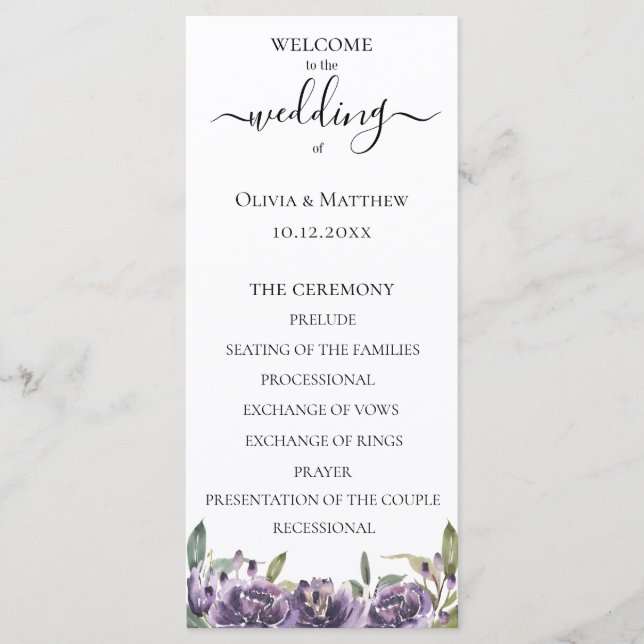 Purple Botanical Watercolor Floral Wedding Program Programme (Front)