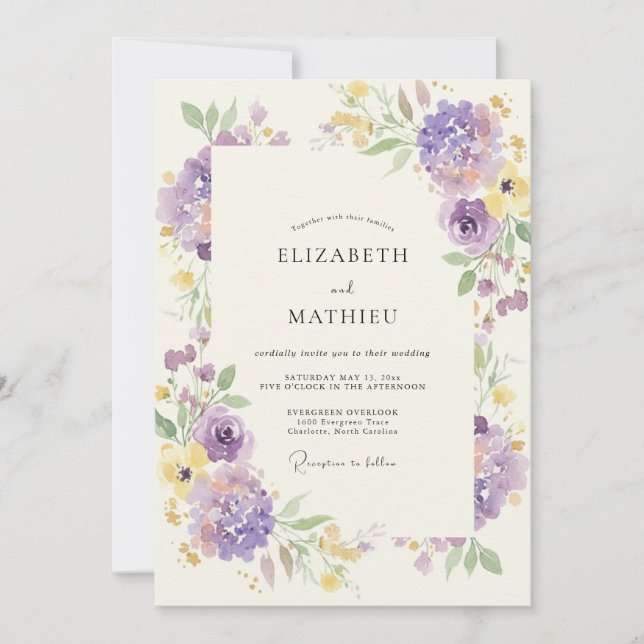 Purple Botanical Watercolor Wedding Invitation (Front)