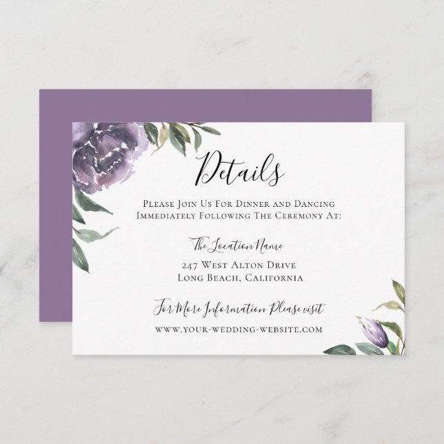 Purple Botanical Wedding Details Invitation (Front/Back)