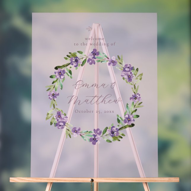 Purple Botanical Wreath Wedding Welcome Sign (Neutral)
