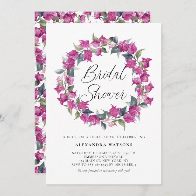 Purple Bougainvillea Wreath Bridal Shower Invitation (Front/Back)