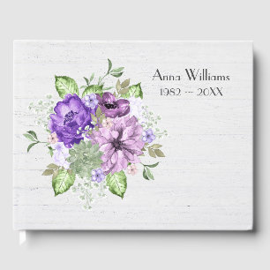 Purple Bouquet On Whitewashed Wood Guest Book