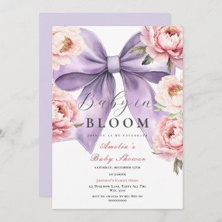 Purple Bow Baby in Bloom Baby Shower Pink Peony Invitation