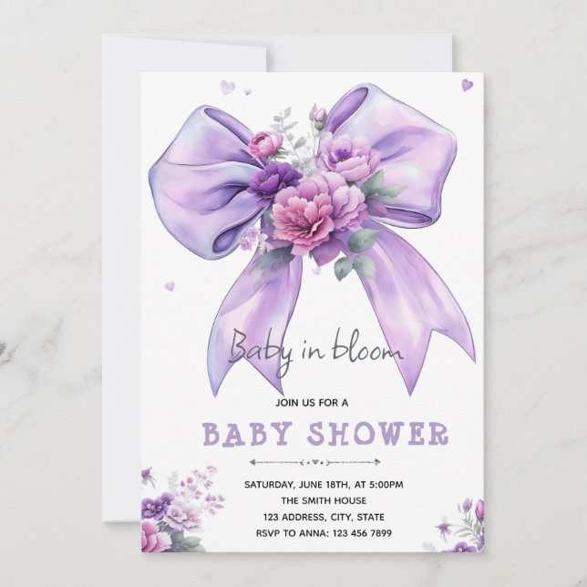 Purple bow baby in bloom invitation (Front)