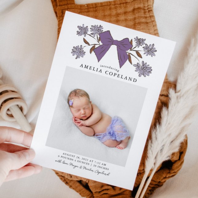 Purple Bow Baby Photo Birth Announcement (Creator Uploaded)