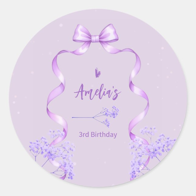 Purple Bow Birthday Any Age Classic Round Sticker (Front)