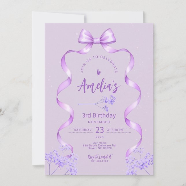 Purple Bow Birthday Invitation Any Age (Front)