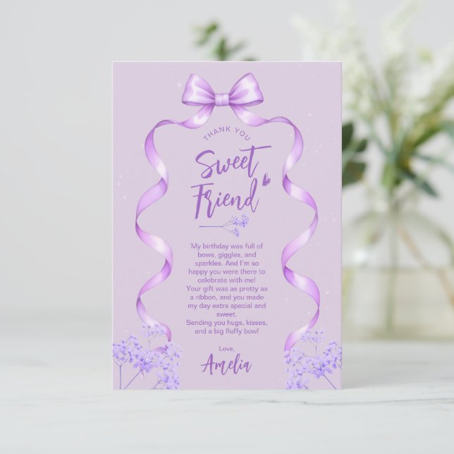 Purple Bow Birthday Thank You Card (Standing Front)