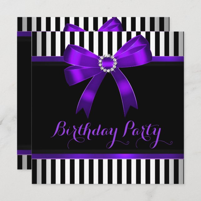 Purple Bow Black White Striped Birthday Party Invitation (Front/Back)