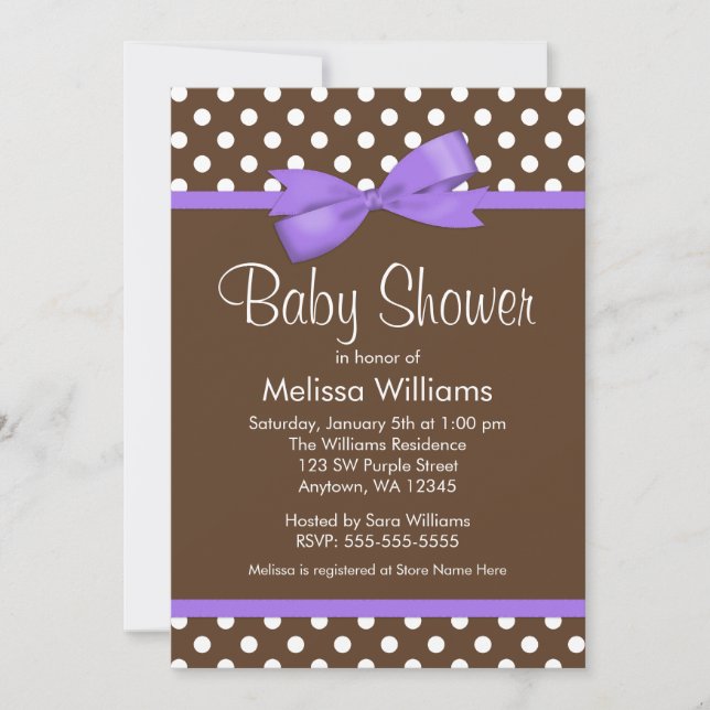 Purple Bow Brown Polka Dot Baby Shower Invitations (Front)